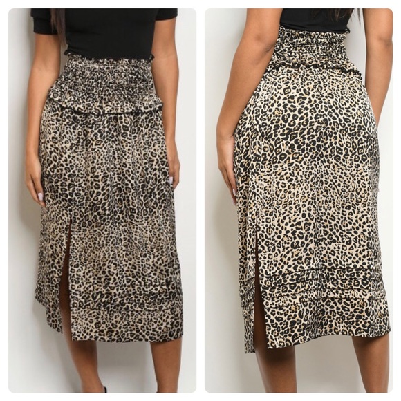 LEOPARD PRINT STRETCHY BANDED MIDI SKIRT - Picture 2 of 3